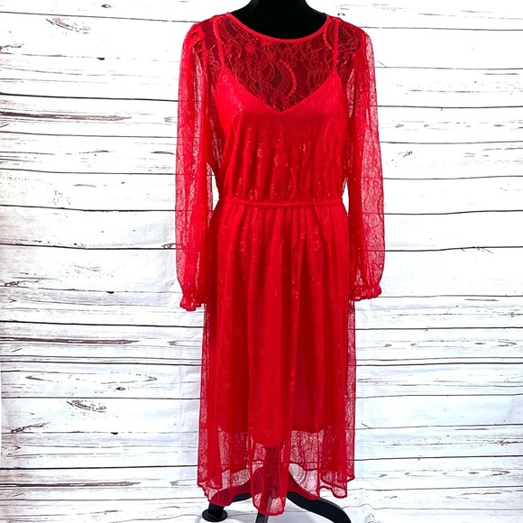 Banana Republic Dresses & Skirts - Banana Republic Women's Lace Dress Long Sleeve  Midi Semi Sheer Red Size M
